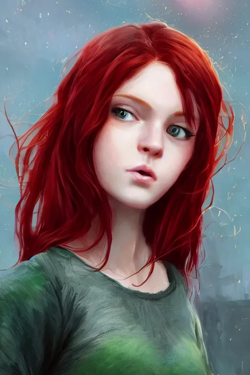 Prompt: beautiful cute red haired joyful and playful nineteen year old maiden standing up in casual green clothing, long hair, attractive face, modern city, rpg character, sci - fi, fantasy, intricate, elegant, digital painting, artstation, concept art, smooth, 8 k frostbite 3 engine, ultra detailed, art by artgerm, greg rutkowski, magali villeneuve