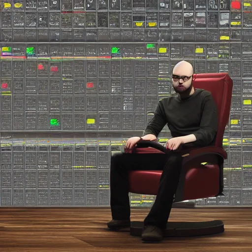 Image similar to photograph of northernlion sitting on a throne of programming, ultra detailed, photorealistic, cinematic lighting