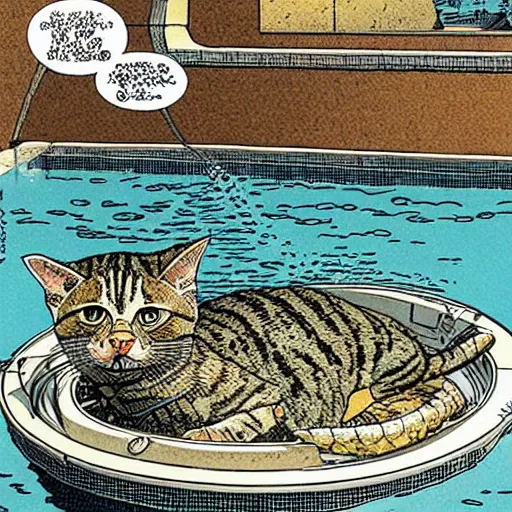 Prompt: tabby cat crocodile hybrid swimming pool “ geoff darrow ” “ katsuhiro otomo ”