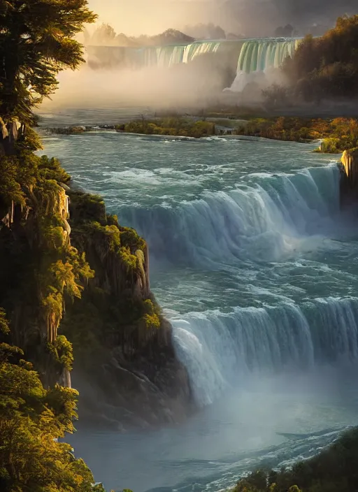 Image similar to cascade of multiple gigantic niagara falls, epic mountains in the background, early dawn, fantasy illustration, matte painting, concept art, low angle shot, volumetric lighting, volumetric atmosphere, morning mist, art by james gurney, unreal engine 5, 8 k