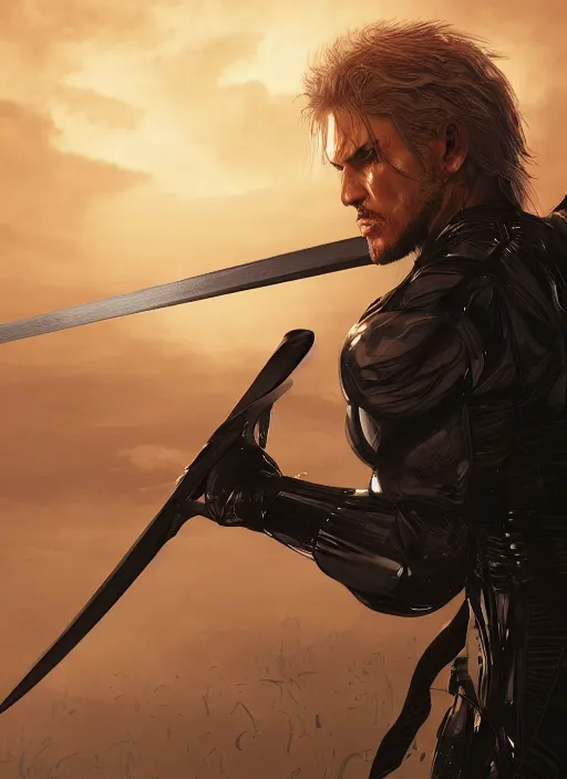 Image similar to a photorealistic hyperrealistic render of a raiden metal gear solid wielding a katana sword and wearing a straw hat, lightning crackling from his hands, greg rutkowski, wlop, artgerm, dramatic moody sunset lighting, long shadows, volumetric, cinematic atmosphere, octane render, artstation, 8 k