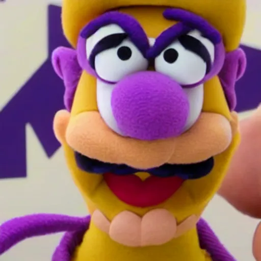 Prompt: A still of Waluigi as a Muppet, photorealistic