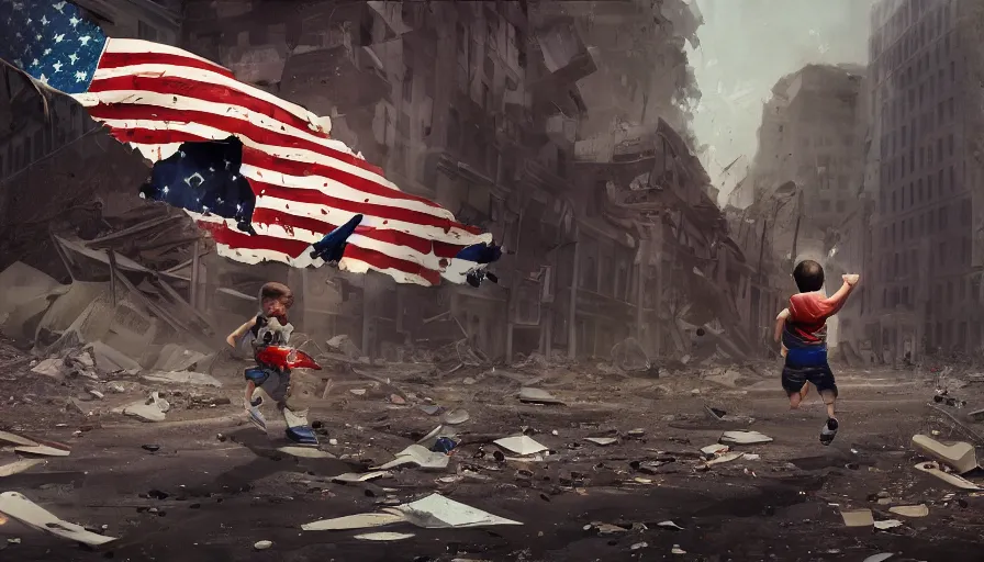 Image similar to child flying a torn american flag while running through streets of destroyed washington dc, collapsed buildings with debris and dust, hyperdetailed, artstation, cgsociety, 8 k