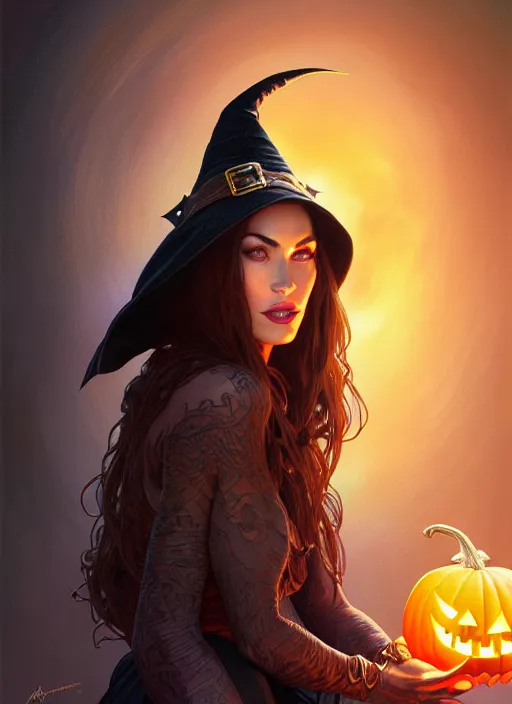 Image similar to portrait of megan fox as witch, hat, toad, pumpkin, halloween, intricate, headshot, highly detailed, digital painting, artstation, concept art, sharp focus, cinematic lighting, illustration, art by artgerm and greg rutkowski, alphonse mucha, cgsociety