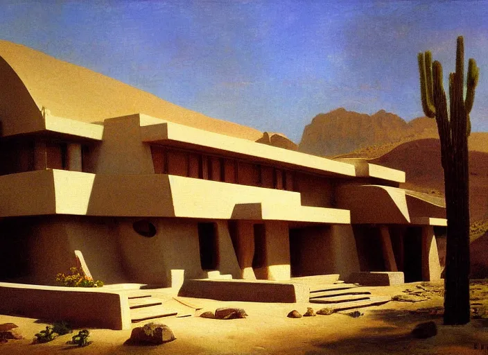 Image similar to painting of a frank lloyd wright house in the california desert by albert bierstadt