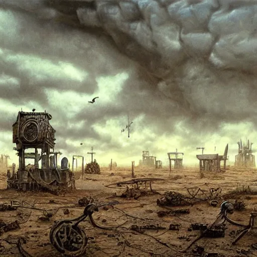 Prompt: a hyperrealistic painting of a steampunk village in the middle of a desert wasteland, blue skies, ominous clouds, by john kenn mortensen and zdzislaw beksinski, highly detailed, vivid color,