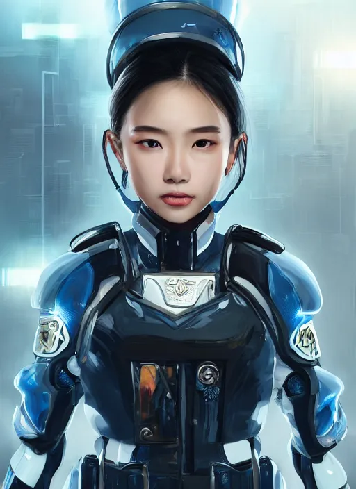 Image similar to portrait of angelababy, futuristic hong kong police uniform girl, au naturel, hyper detailed, digital art, trending in artstation, cinematic lighting, studio quality, smooth render, unreal engine 5 rendered, octane rendered, art style by klimt and nixeu and ian sprigger and wlop and krenz cushart