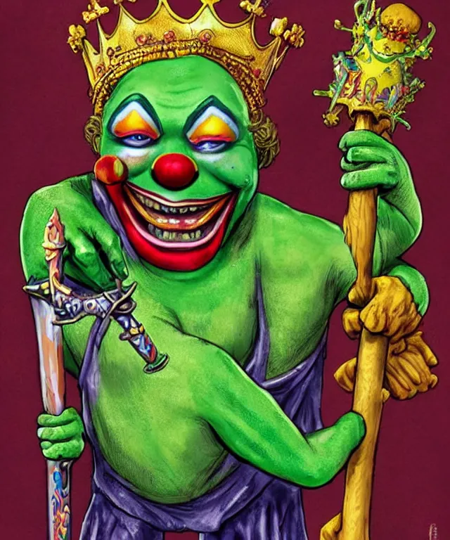 Image similar to clown frog king pulls the sword from the stone, clown frog king wearing clown makeup and rainbow wig, clown crown artwork by Glenn Fabry