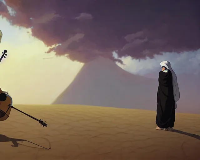 Prompt: an arab playing oud in the desert with a storm, makoto shinkai, loish, studio ghibli