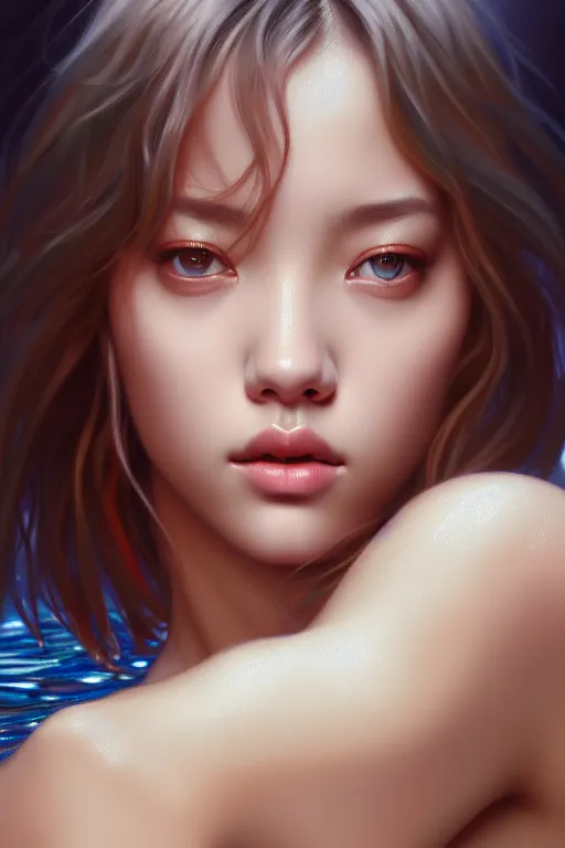 Image similar to beautiful half body digital painting of lalisa, face emerging from pool of water with high detail, 8 k, stunning detail, photo by artgerm, greg rutkowski and alphonse mucha, unreal engine 5, 4 k uhd