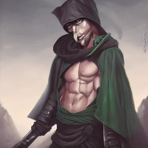 Prompt: matte painting, professional portrait of a muscular hooded ninja warrior, japanese clothes, japanese fashion, green color scene, white eyes, by peter mohrbacher