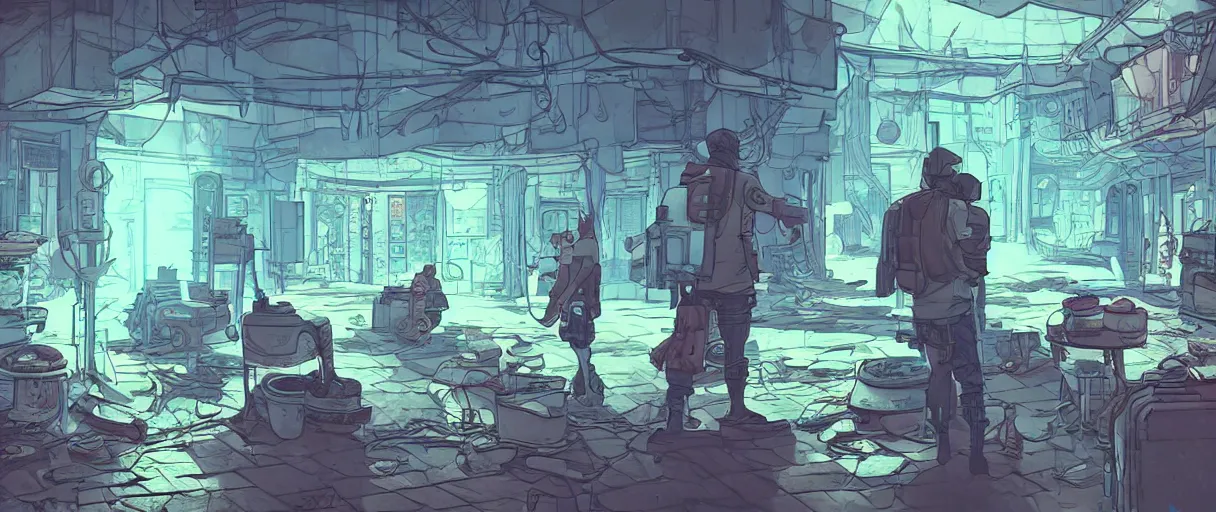 Image similar to abandoned laboroatory faded out colors place mosquet painting digital illustration hdr stylized digital illustration video game icon global illumination ray tracing advanced technology that looks like it is from borderlands and by feng zhu and loish and laurie greasley, victo ngai, andreas rocha, john harris