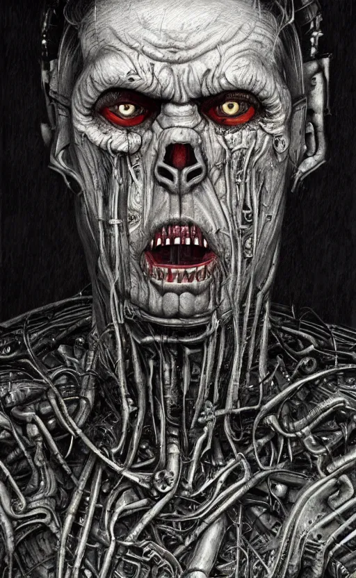 Image similar to full body portrait of t - 8 0 0 by wayne barlow, stanley donwood, anton semenov, zdzislaw bekinski, hr giger, 8 k, fantasy, dark, highly detailed