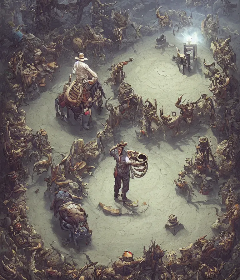 Image similar to a cowboy druid snake oil salesman standing in a circle at the bull run at the beginning of the world by peter mohrbacher and james jean