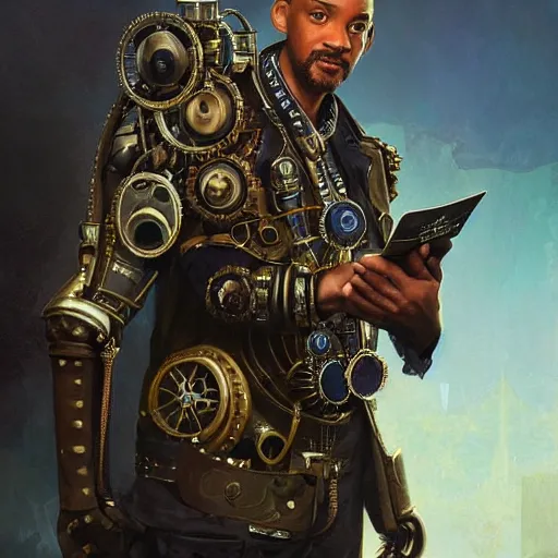 Image similar to Will Smith as a steampunk engineer, intricate, highly detailed, digital painting, artstation, concept art, sharp focus, illustration, art by greg rutkowski and alphonse mucha