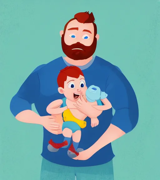 Prompt: a father with short red hair, a short red beard and blue eyes and a slightly chubby face hold his infant son with short brown hair, full color digital illustration disney, pixar animation 4 k