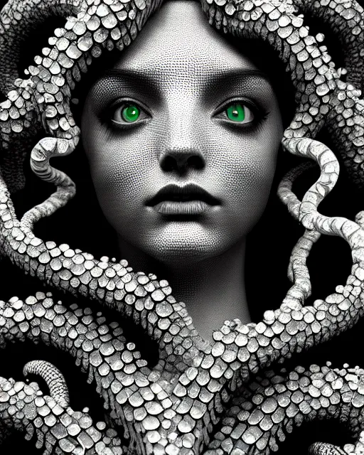 Image similar to surreal mythical dreamy artistic black and white fine art photo of a beautiful young female medusa - cyborg covered with fish scales and algae, highly detailed, intricate crystal ivy jelly fish scales ornate, poetic, octane render, 8 k, photo - realistic