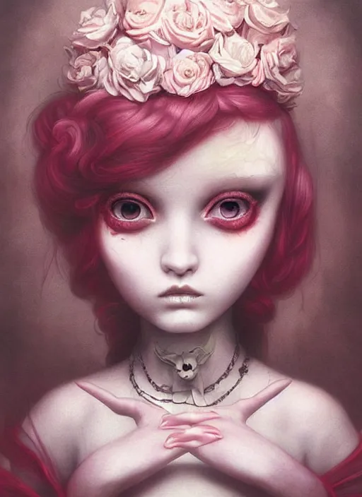 Image similar to pop surrealism, lowbrow art, realistic cute girl painting, japanese street fashion, hyper realism, muted colours, rococo, natalie shau, loreta lux, tom bagshaw, mark ryden, trevor brown style,