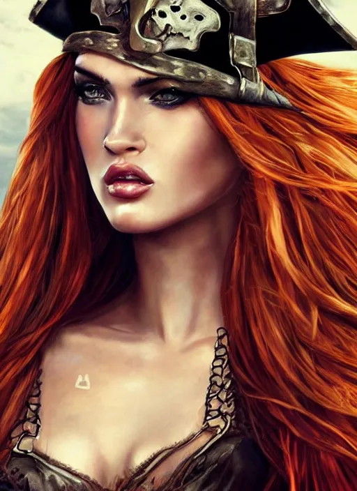 Prompt: megan fox pirate clothes, 8 k, sensual, hyperrealistic, hyperdetailed, beautiful face, long ginger hair windy, dark fantasy, fantasy portrait by laura sava