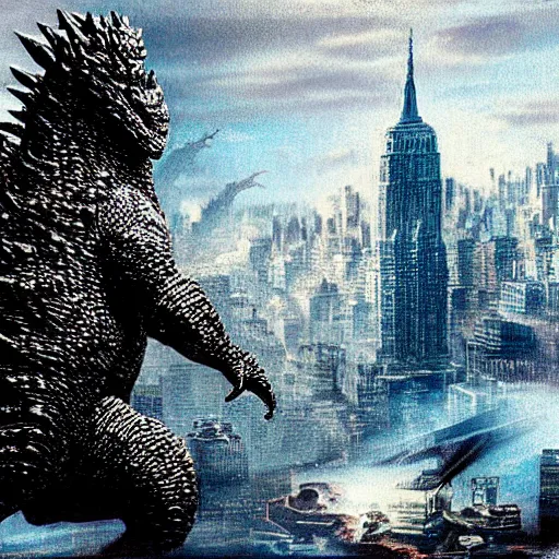 Image similar to Godzilla attacking new york, fantasy art, cinematic, highly detailed, sharp