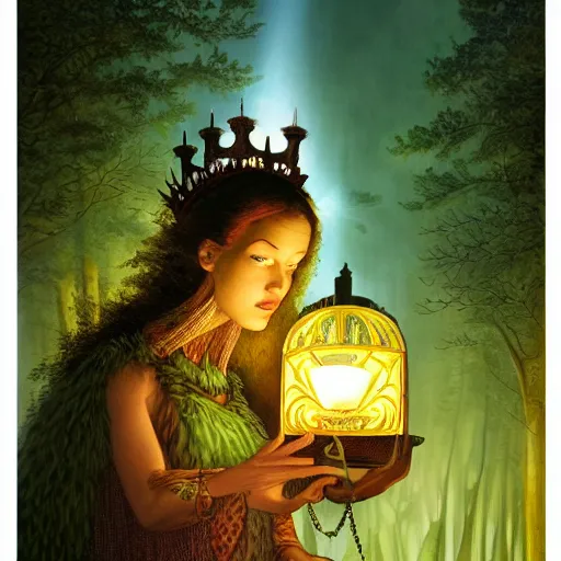 Image similar to the forest queen with her lantern, by leo and diane dillon and kit williams and andrew ferez, dramatic lighting, god rays, smooth, sharp focus, highly detailed