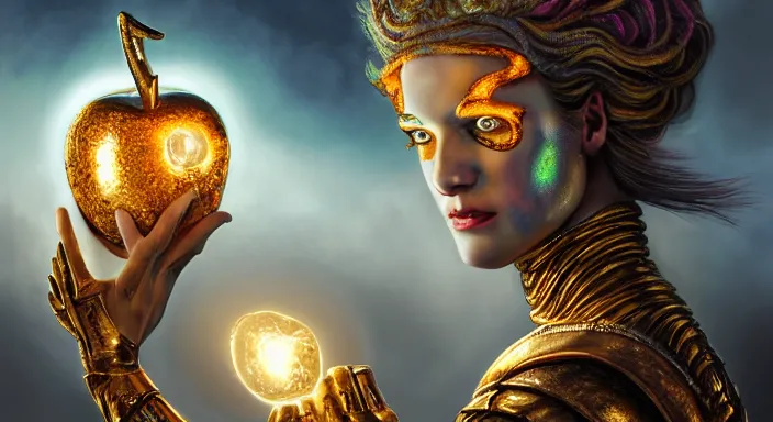 Prompt: trojan war battlefield, closeup portrait of eris discordia, holding an glowing! reflective gold!!! metal apple, goddess of chaos, fantasy character portrait, ultra realistic, wide angle, intricate details, artifacts, luminous skies, michael cheval, peter mohrbacher, boris vallejo, jessica rossier, oil painting, highly detailed, cinematic lighting, unreal