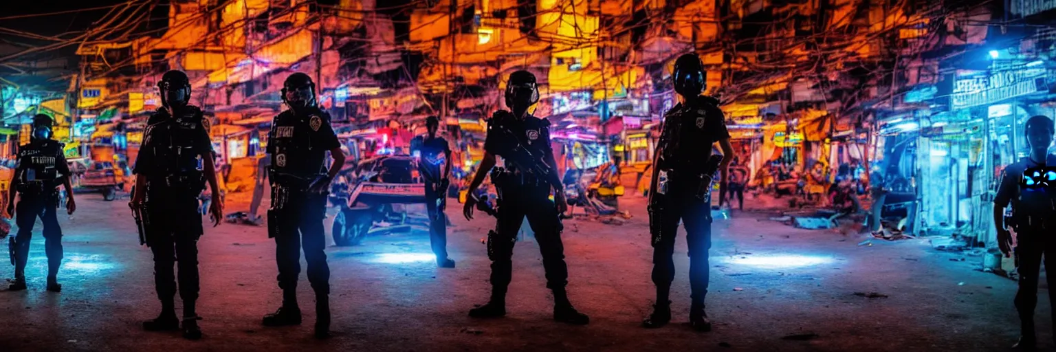 Image similar to Cyberpunk Police, futuristic Phnom-Penh Cambodia, neon dark lighting