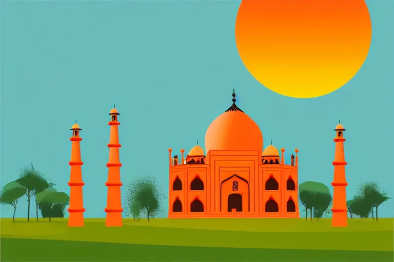 Prompt: minimalist boho style art of colorful taj mahal at sunrise, illustration, vector art