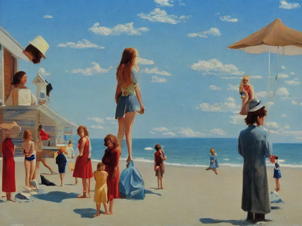 Prompt: day at the beach, 7 0 s, stanley kubrick the shinning, american gothic, vibrant colors americana, cinematic, volumetric lighting, ultra wide angle view, realistic, detailed painting in the style of edward hopper and rene magritte