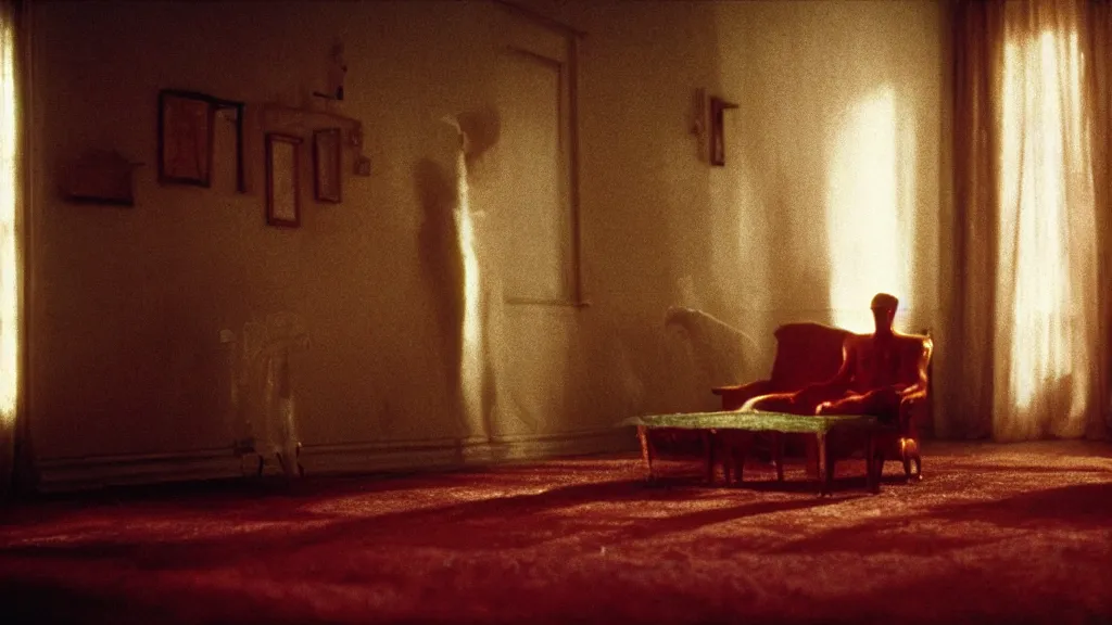 Image similar to a strange creature made of wax and water in the living room, film still from the movie directed by Wes Anderson with art direction by Zdzisław Beksiński, wide lens