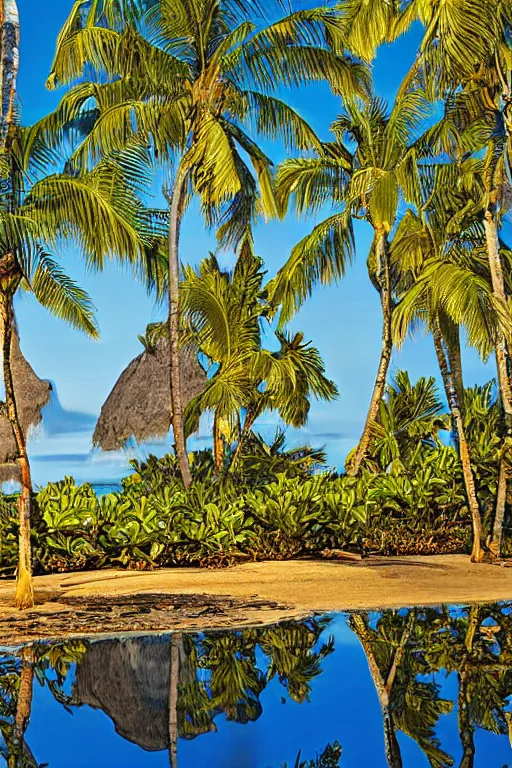 Image similar to beckoning palms lean over crystal clear water, shadows on water, hawaiian style by scott westmoreland