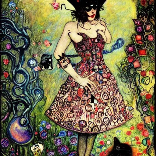 Prompt: tourne du chat noir in alice in wonderland tripping on lsd, intricate detail, painting, jazz age, klimt, royo, frazetta, whealan,