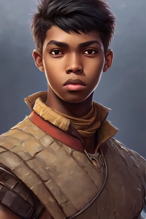 Image similar to young teenager boy with straight short brown hair, dark skin, big lips. highly detailed, d & d, fantasy, highly detailed, digital painting, trending on artstation, concept art, sharp focus, illustration, art by artgerm and greg rutkowski and fuji choko and viktoria gavrilenko and hoang lap