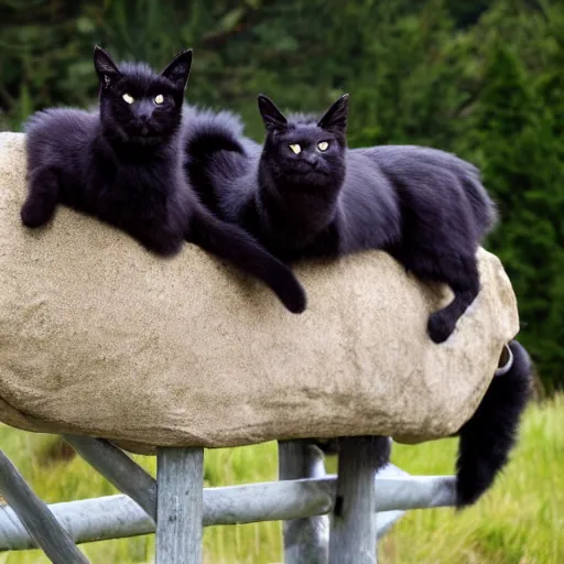 Image similar to two black cats riding on back of llama, andes, matte