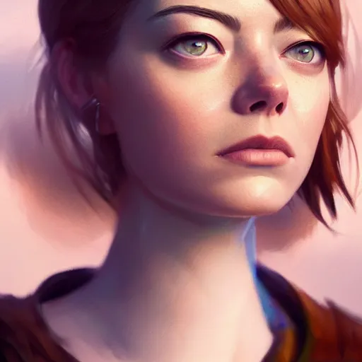 Image similar to a highly detailed epic cinematic concept art CG render digital painting artwork: Emma Stone. By Greg Rutkowski, Ilya Kuvshinov, WLOP, Stanley Artgerm Lau, Ruan Jia and Fenghua Zhong, trending on ArtStation, subtle muted cinematic colors, made in Maya, Blender and Photoshop, octane render, excellent composition, cinematic atmosphere, dynamic dramatic cinematic lighting, precise correct anatomy, aesthetic, very inspirational, arthouse