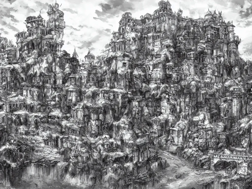 Image similar to concept art of looming crooked ancient town, artstation, ink, line art, black white, rolling hills, waterfall, river, overwhelming, extremely detailed, dominating palace with white walls on top of the hill center