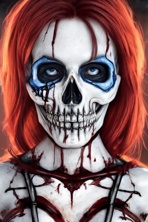 Prompt: skeleton black bones!!, covered with blood, jessica nigri face!!, highly detailed face, long red hair, beautiful blue eyes, ultra realistic, concept art, intricate details, photorealistic, octane render, 8 k, unreal engine. retro film still, heavy grain, 3 5 mm, art by artgerm and greg rutkowski and alphonse mucha