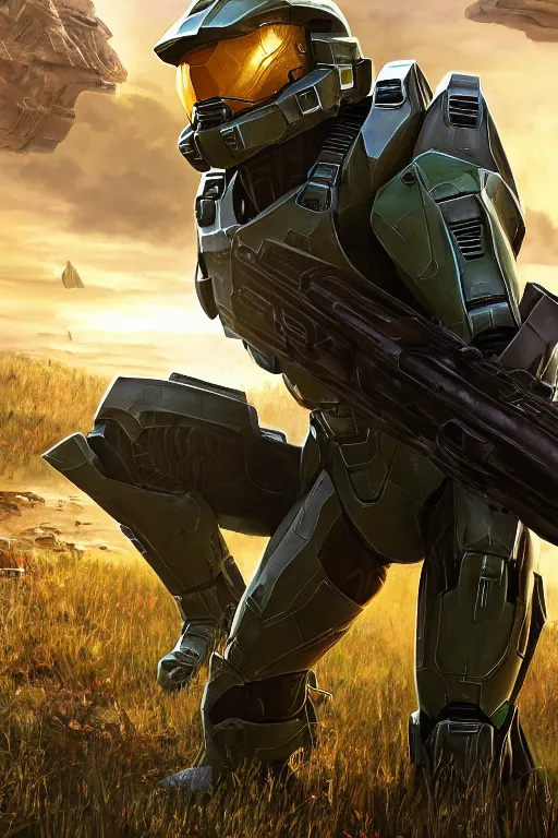 Prompt: master chief from halo picking up easter eggs, picking up easter eggs, oil on canvas, intricate, 8 k highly professionally detailed, hdr, cgsociety