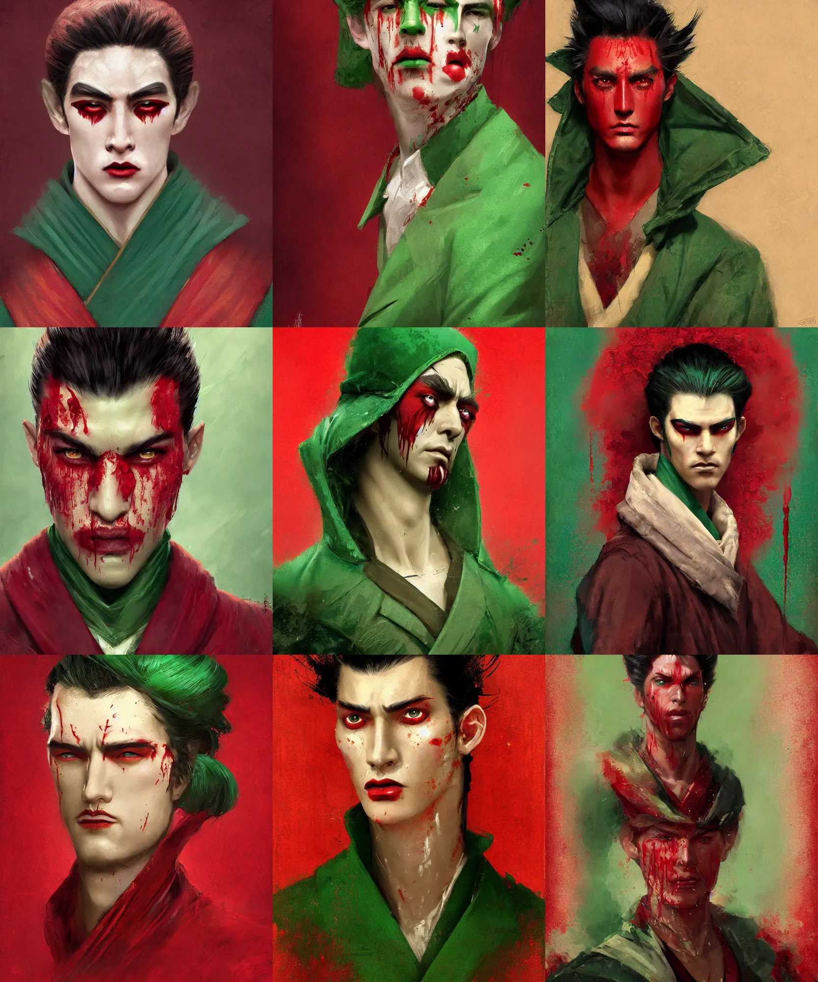 Prompt: digital art painting of young handsome guy extremely masculine face dnd portrait, crimson color blood tears, remarkable geisha make up, wearing a green jacket painted by craig mullins and gaston bussiere and greg rutkowski, symmetrical face, defined facial features, symmetrical facial features, dramatic lighting, close up