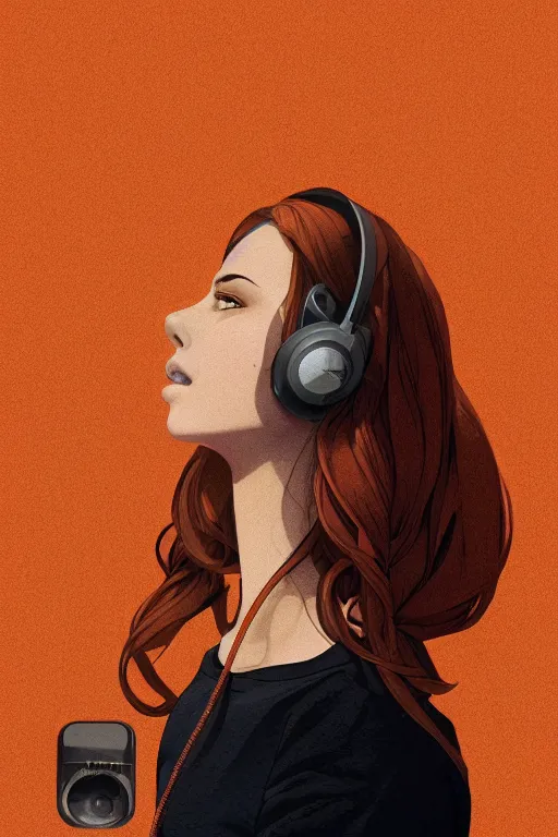 Prompt: portrait georgian girl looking to the right, wearing beats headphones. short brown hair, white jumper. lit from the right side, orange light. centered median photoshop filter cutout vector behance hd artgerm jesper ejsing!