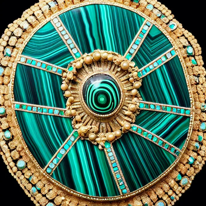 Image similar to photograph of a real-life malachite shield with jewels. Extremely detailed. 8k