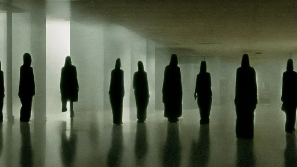 Image similar to shadow monsters invade the hospital, film still from the movie directed by denis villeneuve and david cronenberg with art direction by salvador dali, wide lens