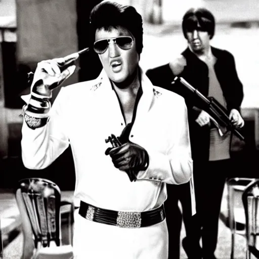 Image similar to elvis as tony montana in scarface with a tommy gun