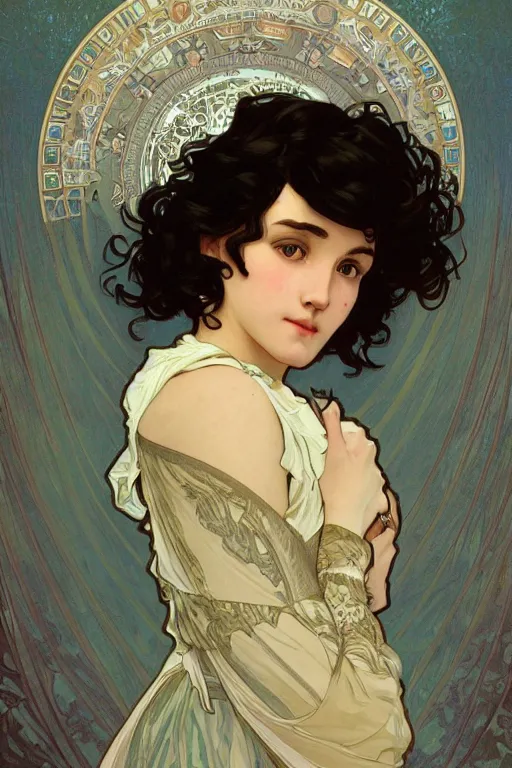 Image similar to beautiful cottagecore of a girl with short black curly hair, round face, cute face. intricate, elegant. highly detailed, digital painting, artstation, concept art, smooth, sharp, focus, illustration. art by alphonse mucha