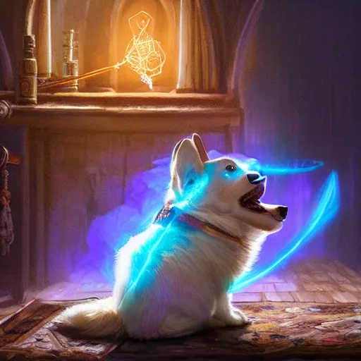 Prompt: a corgi casting a magical spell, glowing blue spell effects, intricate robes, arcane trinkets, magic potions, fantasy, hyperrealistic, artgerm, greg rutkowski, beautiful digital illustration, trending on artstation, award - winning, 8 k