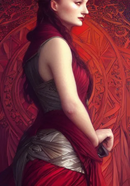 Prompt: portrait of sansa dark crimson, intricate, elegant, highly detailed, digital painting, artstation, concept art, smooth, sharp focus, illustration, art by artgerm and greg rutkowski and alphonse mucha and william - adolphe bouguereau