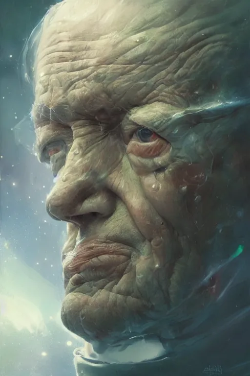 Image similar to the look of an elderly person 4 2 2 4 full of wrinkles and imperfections by artgem and greg rutkowski, highly detailed, high contrast, light reflection, trippy, nebula, trending on artstation