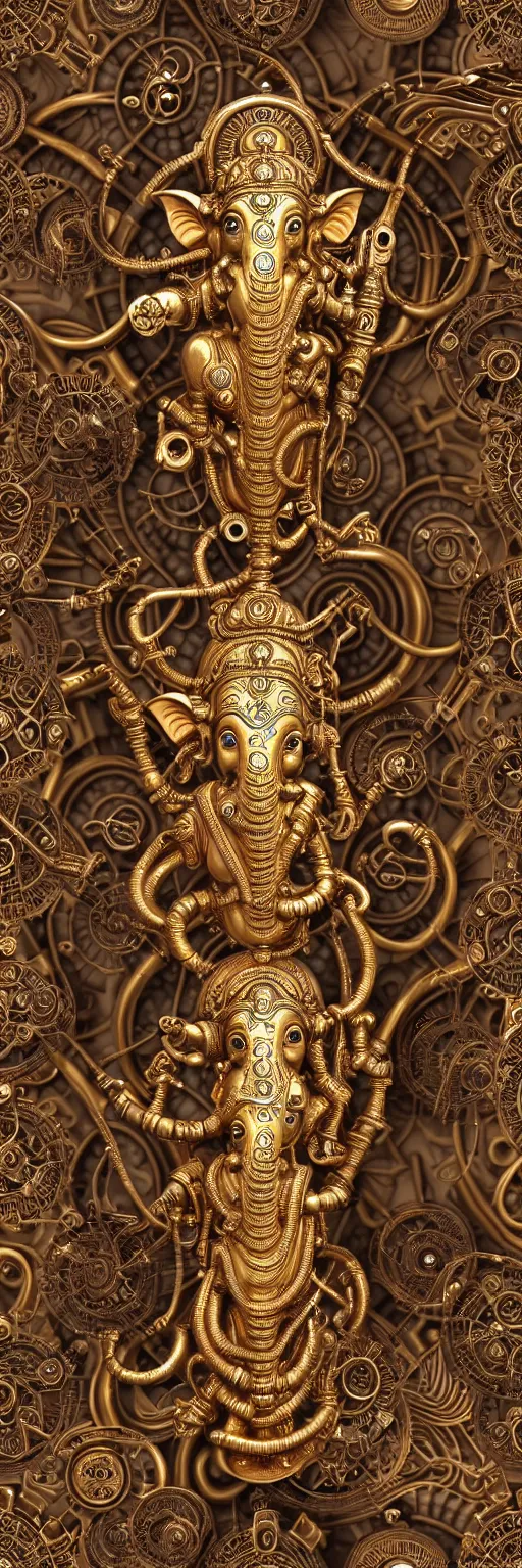 Prompt: seamless pattern of steampunk cybernetic biomechanical hindu god ganesha, 3 d model, very coherent symmetrical artwork, unreal engine realistic render, 8 k, micro detail, gold white plastic and steel intricate, elegant, highly detailed, digital painting, artstation, smooth, sharp focus, illustration, artgerm, tomasz alen kopera, wlop