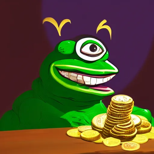 Image similar to super rich happy pepe, coins, gold, crystals, greg rutkowski