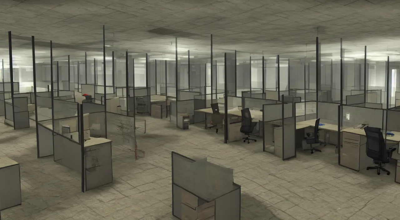 Image similar to An office at 3AM with multiple cubicles and a window that provides a view of the city, Source Engine, Gmod, Half Life 2